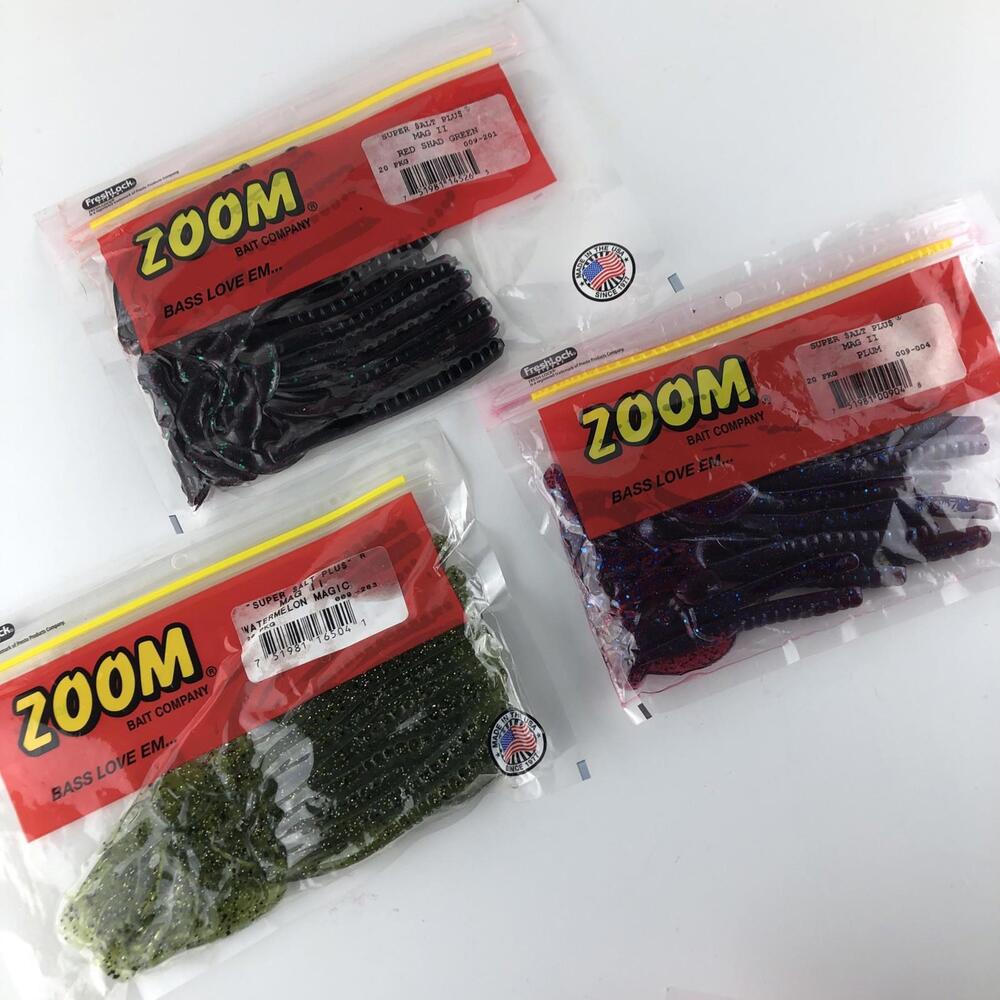 Zoom bait company fishing worms lot of 3 watermelon magic, red shad green, plum